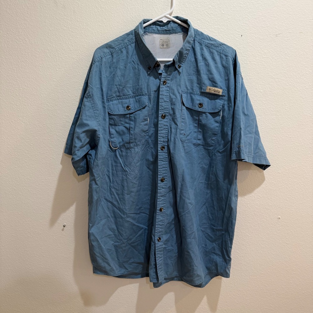Columbia PFG Mens Blue Short Sleeve Cotton Fishing Shirt FM7297 Large